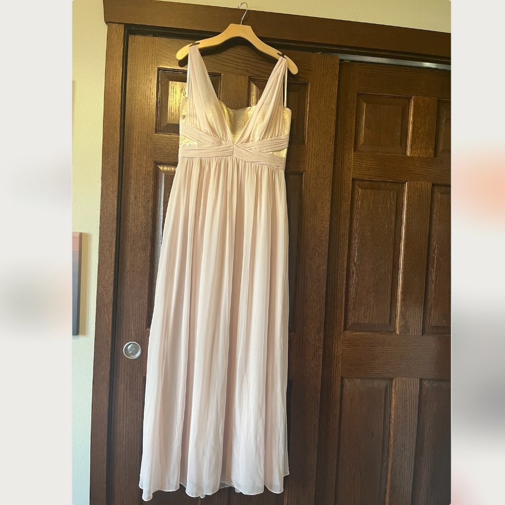 AFTER SIX BRIDESMAID DRESS 6741 IN CAMEO & METALLIC GOLD, LUX CHIFFON size 12